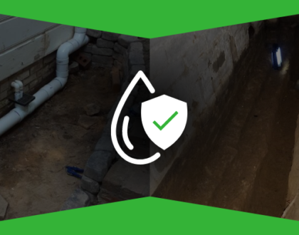 A side by side photo of an interior and exterior waterproofing and drainage system in progress. A checkmark shield and water drop icon represents protection against moisture and water damage.